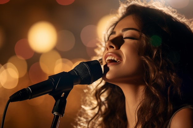 a beautiful female singer with the microphone in vintage style on a bokeh background