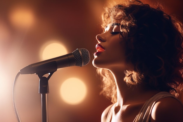 a beautiful female singer with the microphone in vintage style on a bokeh background