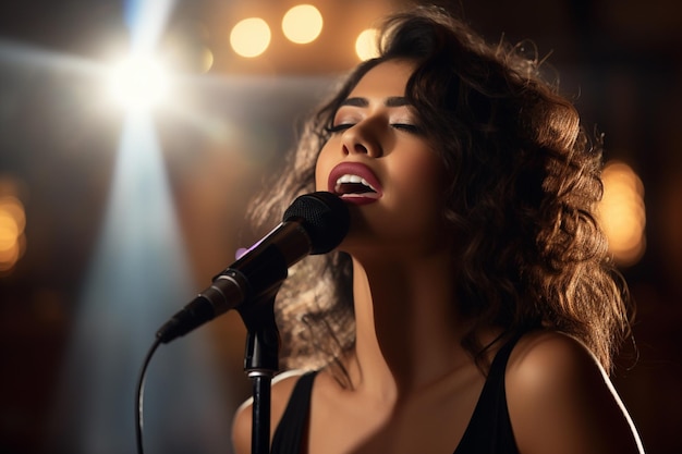 a beautiful female singer with the microphone in vintage style on a bokeh background