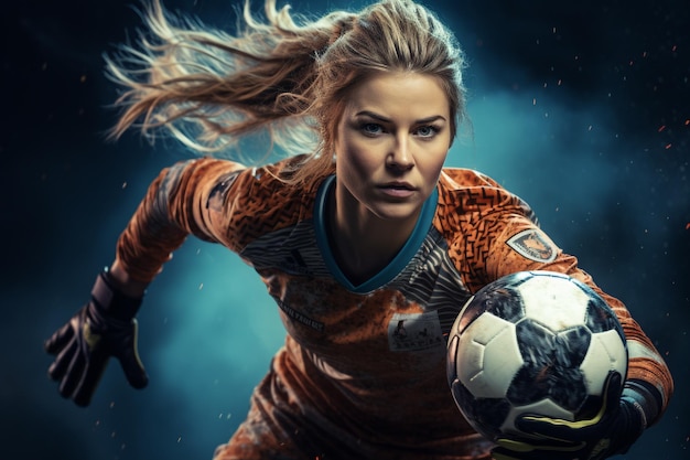 Beautiful female soccer player in action on the field of stadium