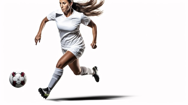 Beautiful female soccer player kicking ball with heel Isolated on white background Woman football
