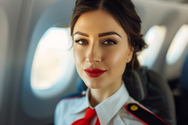 Photo beautiful female stewardess in airplane