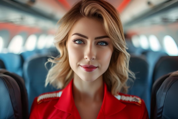 Beautiful female stewardess in airplane