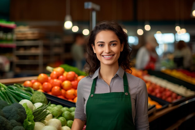 Beautiful female supermarket worker on a background of fresh vegetables and fruits