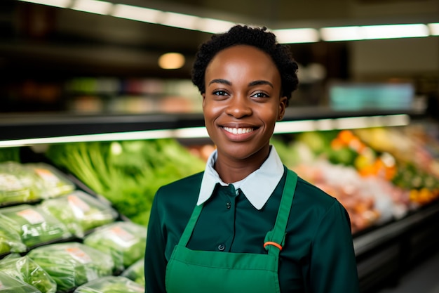 Beautiful female supermarket worker on a background of fresh vegetables and fruits