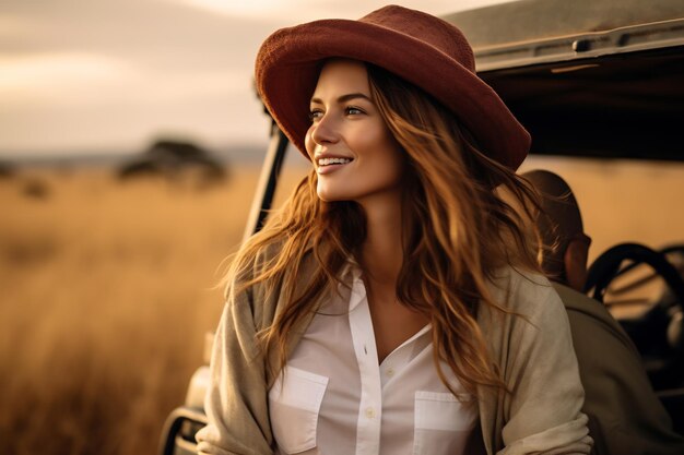 a beautiful female tourist explore a savanna