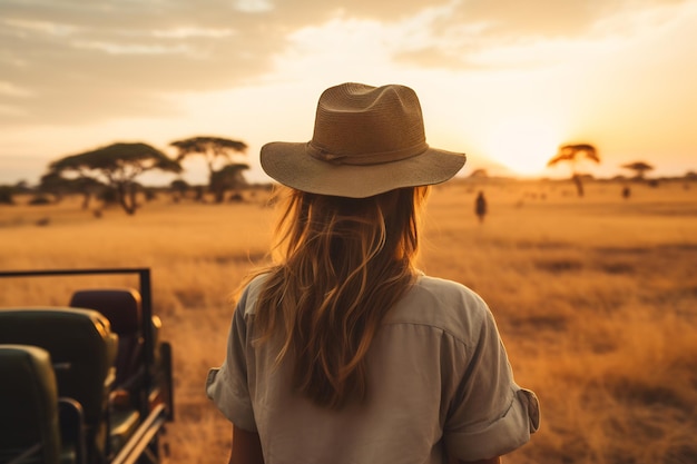 a beautiful female tourist explore a savanna