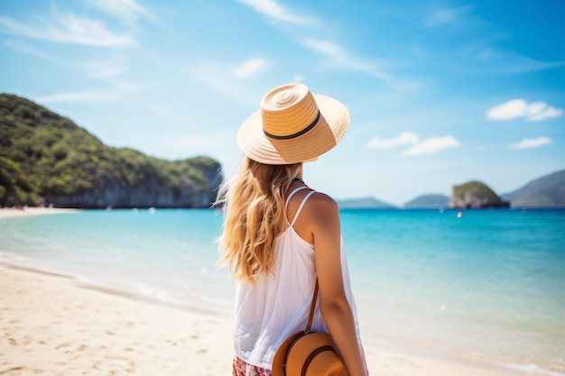 A beautiful female tourist on holiday on a beautiful beach ai generated