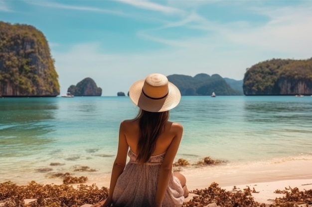 Beautiful female tourist in sun hat sitting on yacht and looking at turquoise sea and island beach