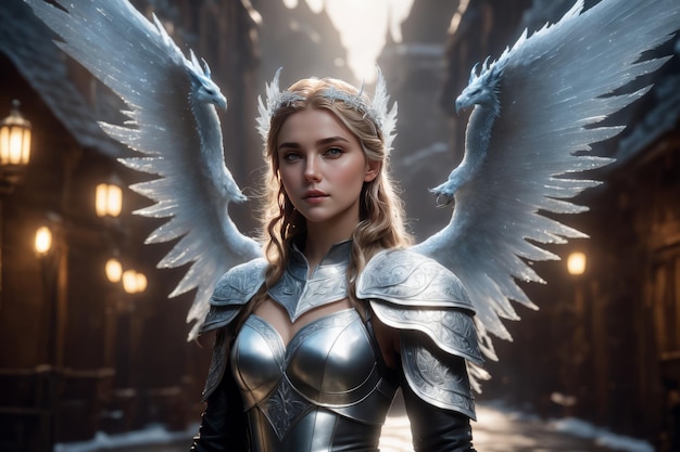 Beautiful Female Warrior In Armor And Large Wings