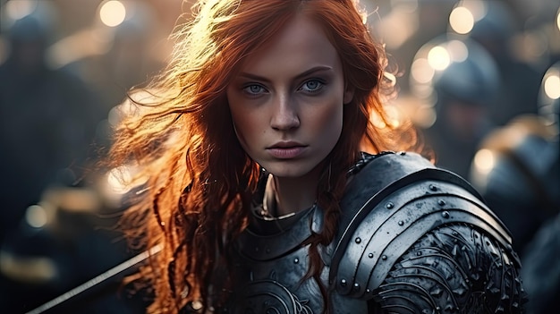 Beautiful female warrior in medieval metal armor with sword Fairy tale stories about warriors movie tone