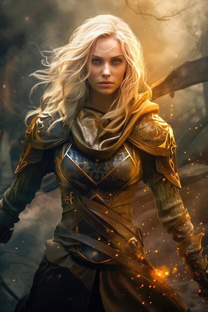 Beautiful female warrior with gold magic