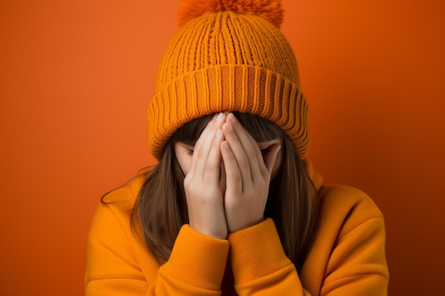 Photo a beautiful female with a orange knitted hat is laughing on orange background