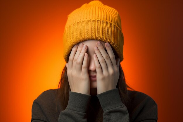 a beautiful female with a orange knitted hat is laughing on orange background