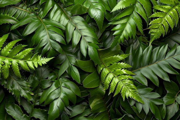 아름다운 양치류는 녹색 잎사귀 천연 꽃 양치류 배경을 남깁니다.