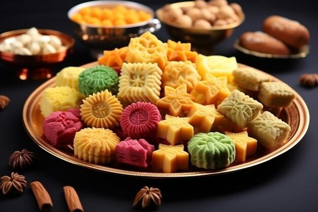 Foto bella festa di diwali dolci delizioso mix indiano cibo dolce su tavola per festeggiare