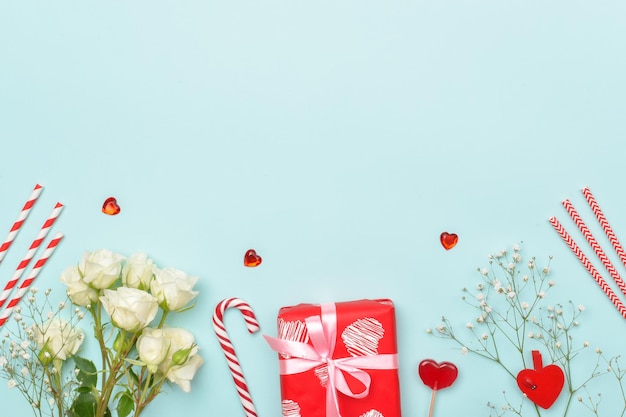 Beautiful festive background for Valentine's day. Banner for the holiday. Layout of an empty invitation. Copy space. Flat lay, top view.