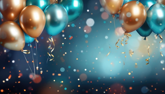 Photo beautiful festive background with gold and blue balloons generative ai