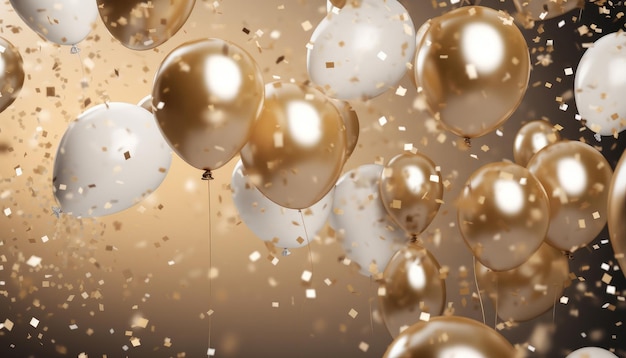 Beautiful festive background with gold and white balloons generative ai