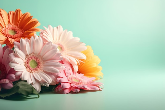 Beautiful festive bouquet of daisy flowers lying on pastel background with copy space Generative AI