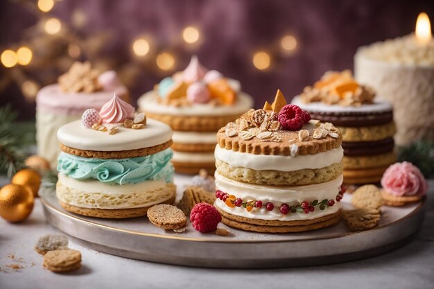 Beautiful festive cake biscuit with different creams and decorated