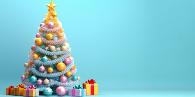 Beautiful festive Christmas background Christmas tree decorated with balls on a blue background banner format copy space AI generated