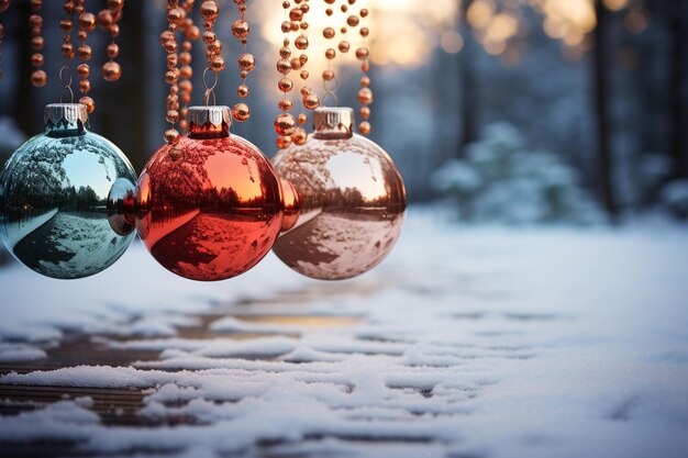 Photo beautiful festive christmas decorations background shining glass red toy balls winter christmas tree