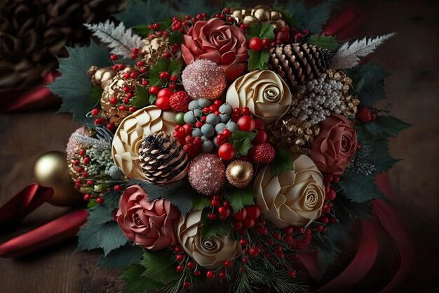 장식물과 열매가 있는 사탕처럼 아름다운 축제 크리스마스 꽃다발