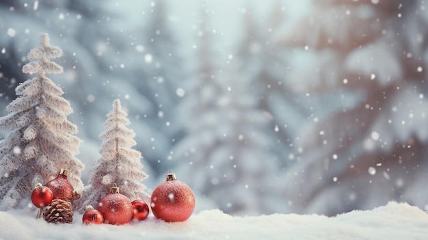 森の赤いボールで飾られた美しいクリスマス雪の背景のクリスマスツリー