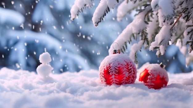 Beautiful Festive Christmas snowy background with Christmas tree decorated with red balls