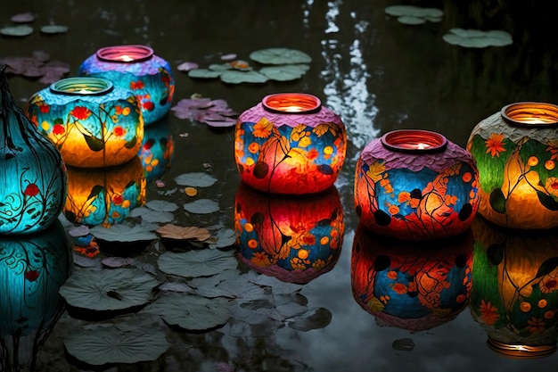 Beautiful festive floating asian lanterns with ornament on water