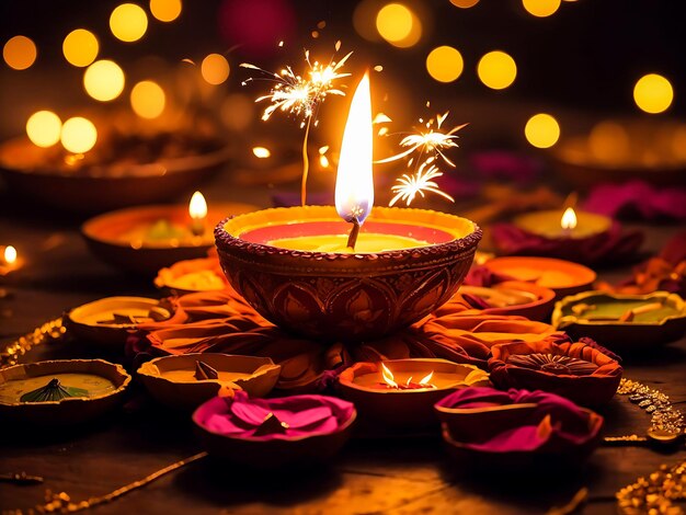 Beautiful festivel happy diwali background with diya and floral decoration