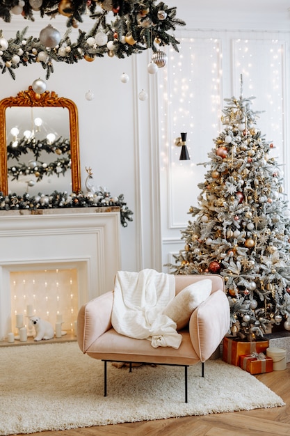 Beautiful festively decorated room with a Christmas tree