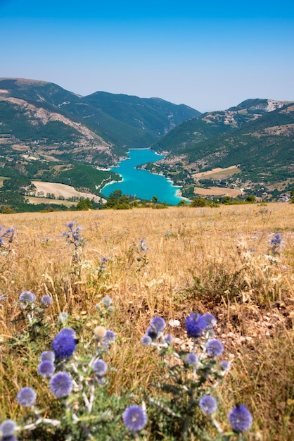 Beautiful Fiastra lake in Italy seen from above