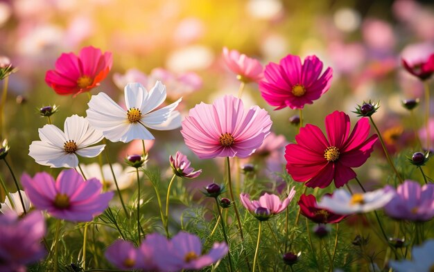 Beautiful field of colorful cosmos flower