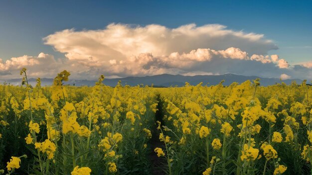 Beautiful field covered with yellow flowers with magnificent clouds in the sky in the