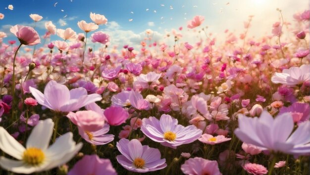 Beautiful field of flowers with flying petals AI generated