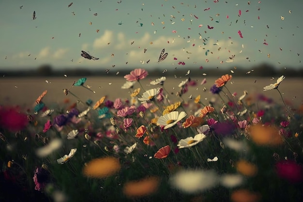 A beautiful field of flowers with flying petals