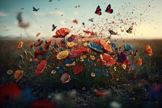 A beautiful field of flowers with flying petals