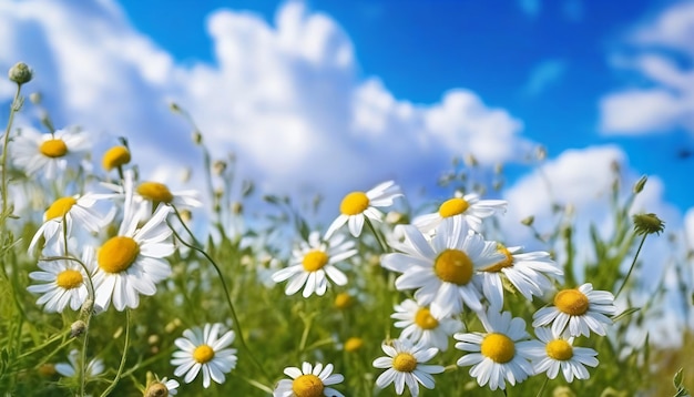 Foto bellissimi fiori di prato camomilla blu piselli selvatici al mattino contro il cielo blu con le nuvole na