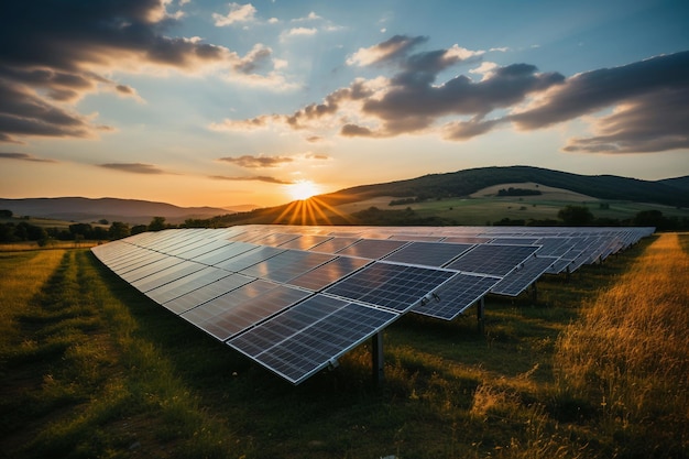 写真 日没時の田舎の太陽光発電パネルの美しいフィールド 生成 ai