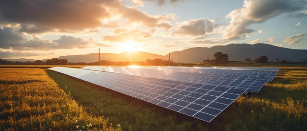 Beautiful field of photovoltaic big solar panels in countryside with in sunset