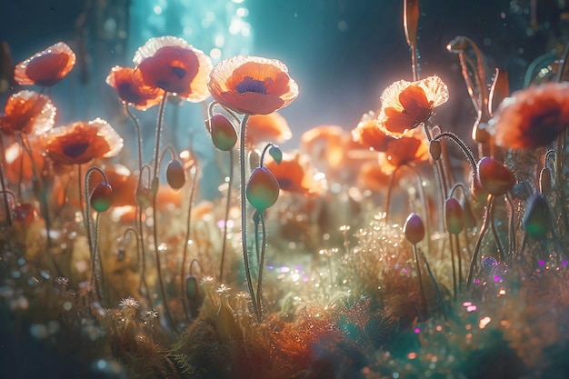 Beautiful field of poppies in dark forest close up