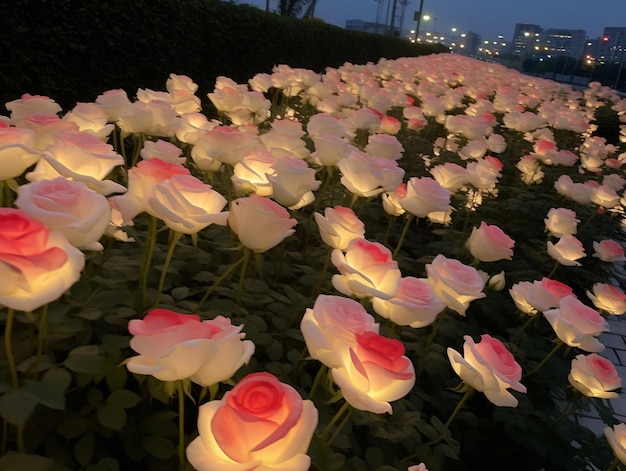 Beautiful field of white roses with colorful scenery