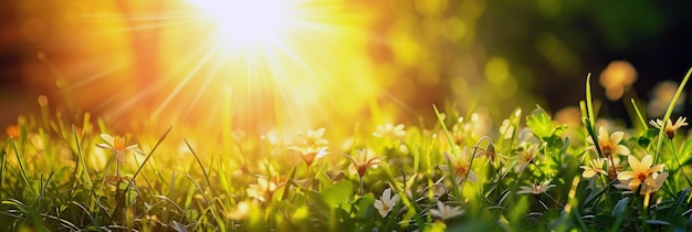 Photo beautiful field of wild flowers at sunset yellow flowers on the background of green grass with the sun sinking on the horizon