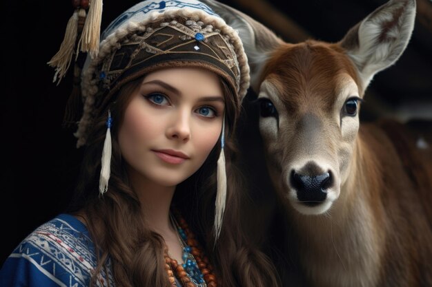 Beautiful Finnish woman in a national headdress and a deer next to her