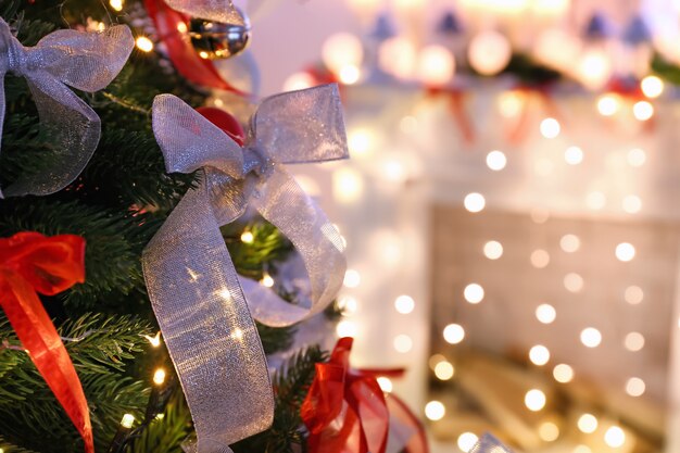 Beautiful fir tree decorated for Christmas closeup