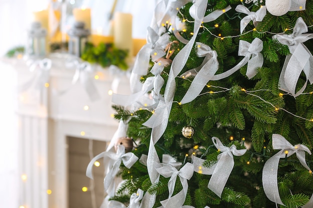 Beautiful fir tree decorated for Christmas, closeup