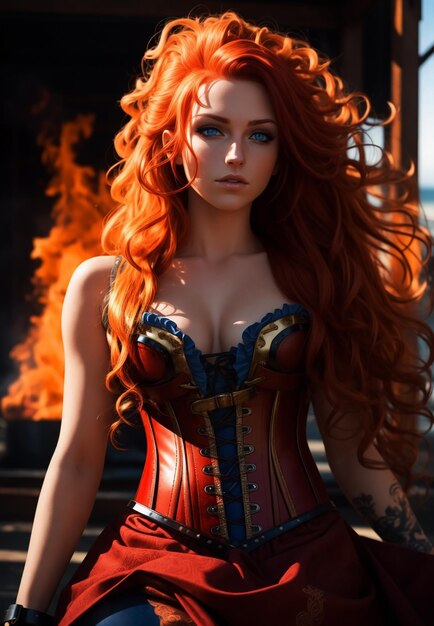 Beautiful fire hair flowing in a sunbathe skin