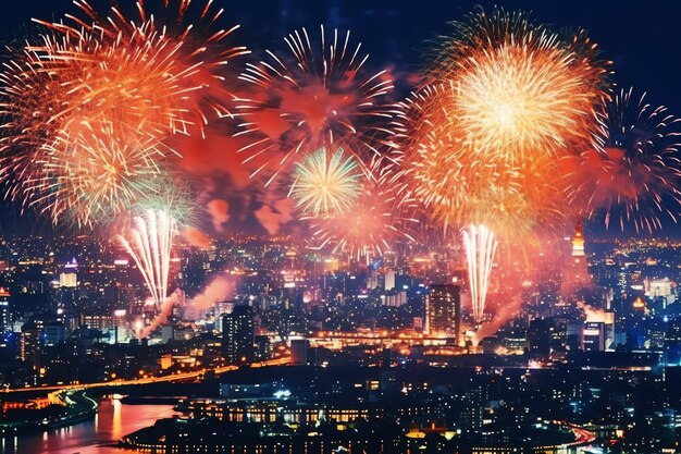 Beautiful firework show with cityscape at night for celebration happy new year Firework display